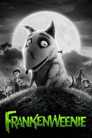 neon yeşili başlık frankenweenie ile siyah beyaz bir film afişi ve resim her yerde dikişleri ile animasyonlu bir köpek ve arka planda ürpertici görünümlü bir aile gösterir