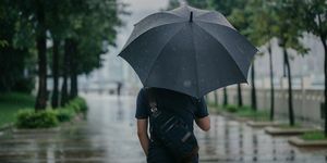 Akıllı nedensel erkeğin şemsiye tutması ve yağmurlu şehirde parkta yürümesinin arka görüntüsü