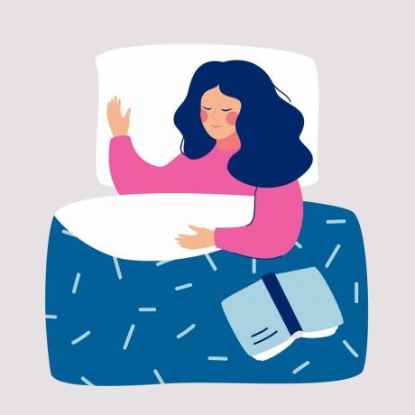 Açık kitap vektör illüstrasyonuyla geceleri yatağında uyuyan kadın