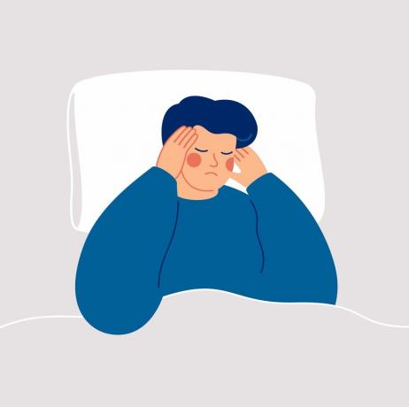Adam uykusuzluk çekiyor ve uykuya dalmakta zorluk çekiyor çocuk gece boyunca baş ağrısı çekiyor uykulu erkek yatakta uzanıyor ve şakağına dokunuyor uykusuzluk ve uyku bozukluğu vektör illus
