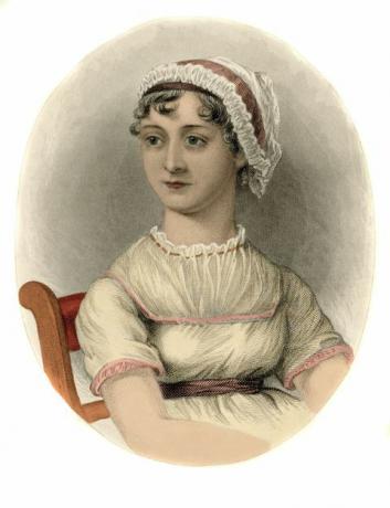 Jane Austen. İngiliz yazar Jane Austen'in portresi 1775-1817. Gravür, 1870.