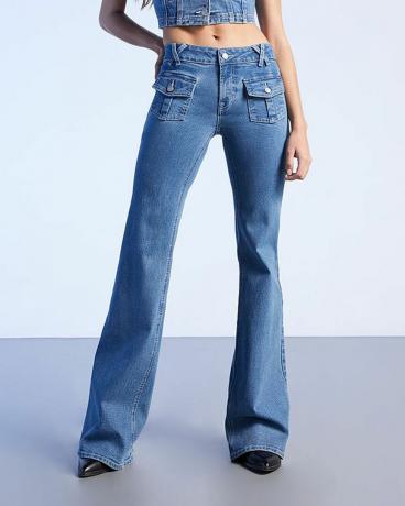 Koyu Mavi Düşük Belli Kargo Flare Jeans