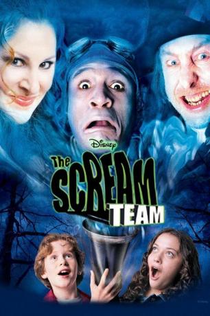 disney filmi için bir film afişi üstte üç hayalet ve altta iki genç çocuğu bir şişede yakalamaya çalışan çığlık ekibi