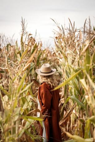 kırmızı ceket ve şapka giyen şık kadın mısır tarlasında duruyor