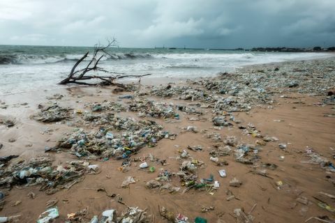 Bali, Endonezya - 19 Aralık 2017: Plaj, Bali Endonezya çevre kirliliği çöp.